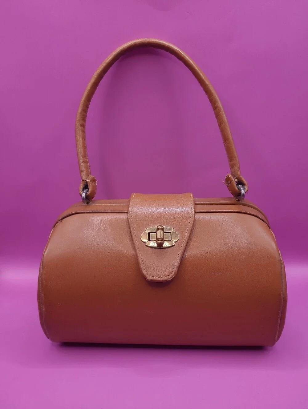 Vintage Cognac Leather Structured Doctor Bag with Gold‎ Hardware MARLOW